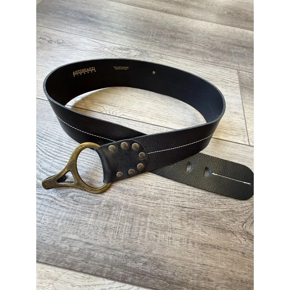 Made in Italy Antoniazzi Firenze Leather Brass Black Belt Designer Womens